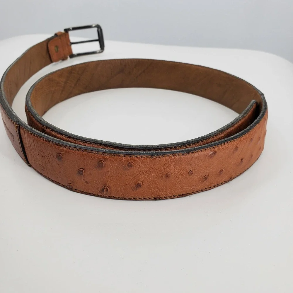 Courteney Men's Ostrich Leather Belt Tan Cognac Brass Buckle Size 42 Safari